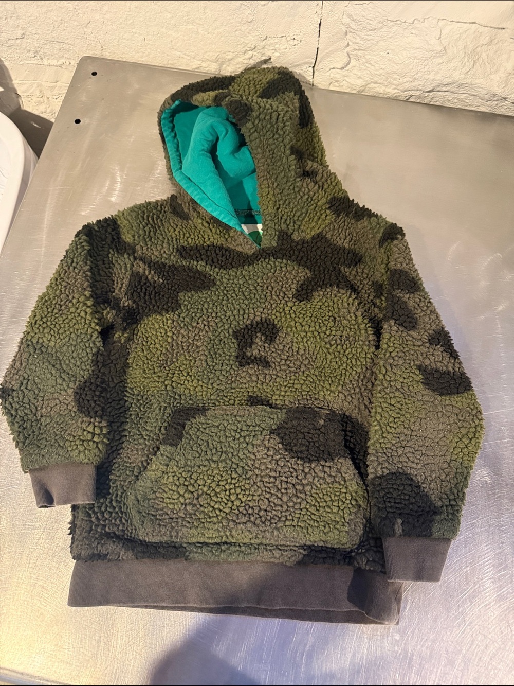 Boden Kids' Green Camo Sherpa Hoodie with Teal Lining